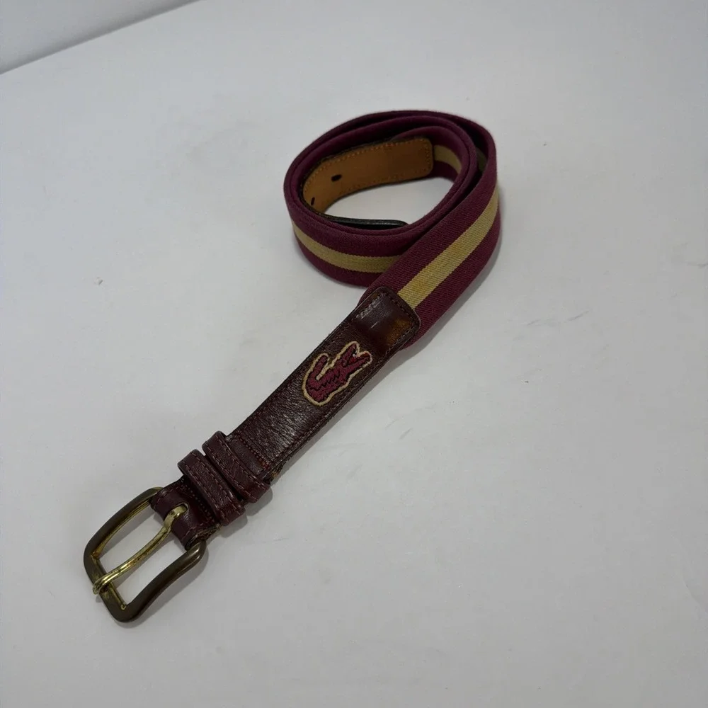Mens Vintage Lacoste Belt Burgundy Taupe Stripes 34/35